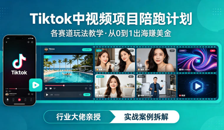 某大佬的Tiktok中视频项目陪跑，涵盖TK各个赛道玩法教学，从0到1出海賺美金-快名资源网