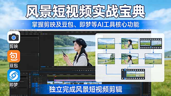风景短视频实战宝典：掌握剪映及豆包、即梦等AI工具的核心功能，独立完成风景短视频剪辑-快名资源网