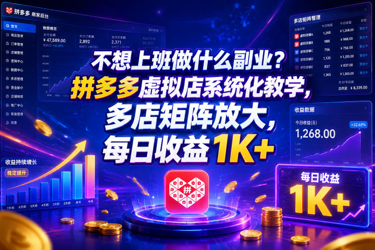 不想上班做什么副业？拼多多虚拟店系统化教学，多店矩阵放大，每日收益1K+【揭秘】-快名资源网