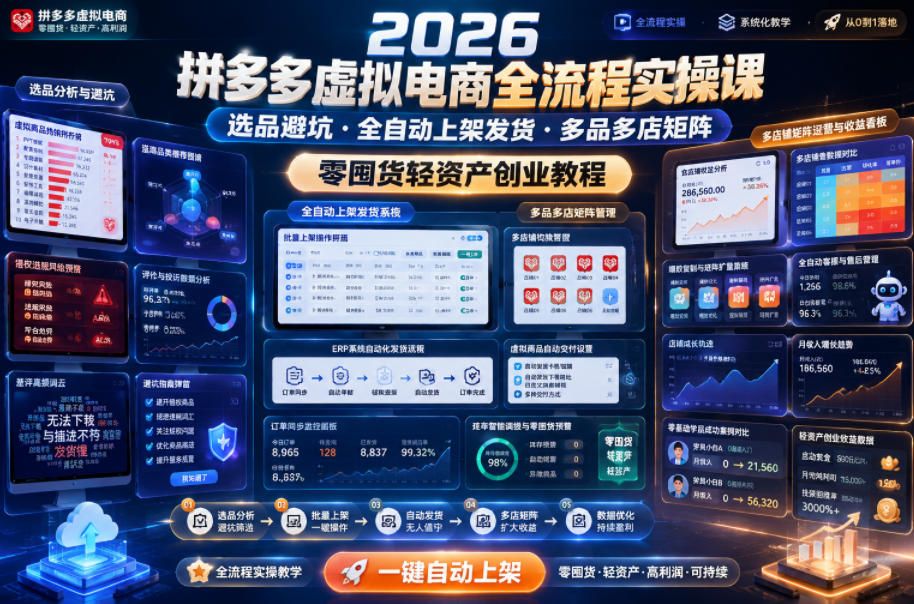 2026拼多多虚拟电商全流程实操课，选品避坑・全自动上架发货・多品多店矩阵，零囤货轻资产创业教程-快名资源网