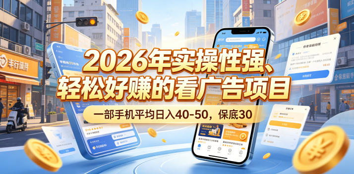 2026年实操性强、轻松好賺的看广告项目，一部手机平均日入40-50，保底30米【揭秘】-快名资源网