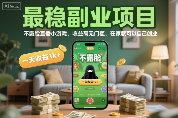 最稳副业项目，不露脸直播小游戏，收益高无门槛，一天收益1k+，在家就可以自己创业【揭秘】-快名资源网