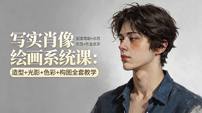 写实肖像绘画系统课：造型+光影+色彩+构图全套教学，配套笔刷+示范+作业点评-快名资源网