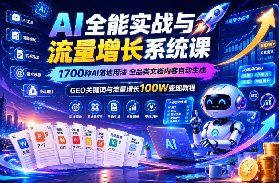 AI全能实战与流量增长系统课，1700种AI落地用法，全品类文档内容自动生成，GEO关键词与流量增长100W变现教程-快名资源网