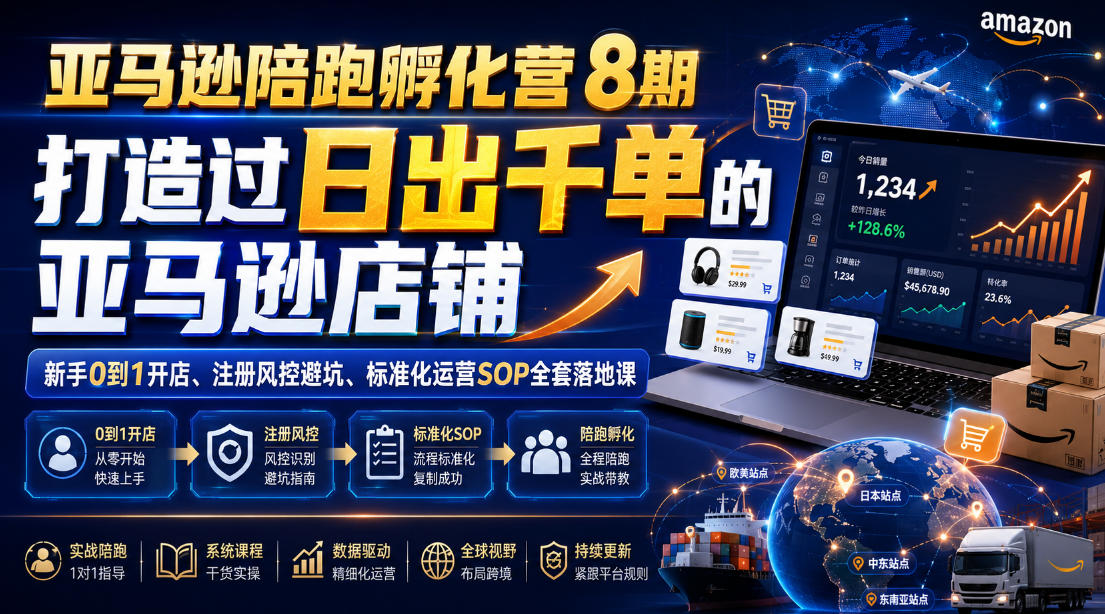亚马逊陪跑孵化营8期，打造过日出千单的亚马逊店铺，新手0到1开店、注册风控避坑、标准化运营SOP全套落地课-青虫资源网