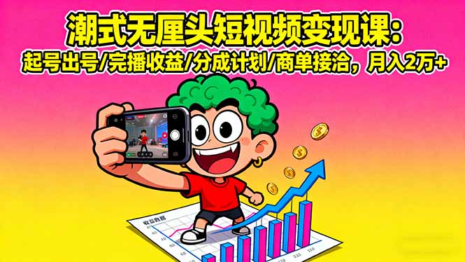 潮式无厘头短视频变现课：起号出号/完播收益/分成计划/商单接洽，月入2万+-青虫资源网