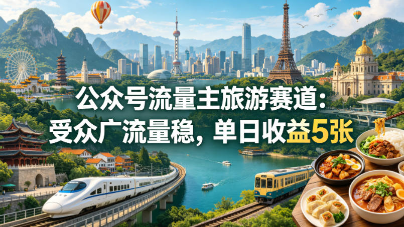 公众号流量主之旅游赛道，受众广+流量稳，平均单日收益5张+-快名资源网