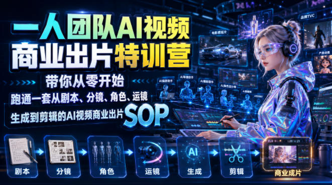一人团队AI视频商业出片实战课：带你从零开始跑通一套从剧本、分镜、角色、运镜、生成到剪辑的AI视频商业出片SOP-青虫资源网