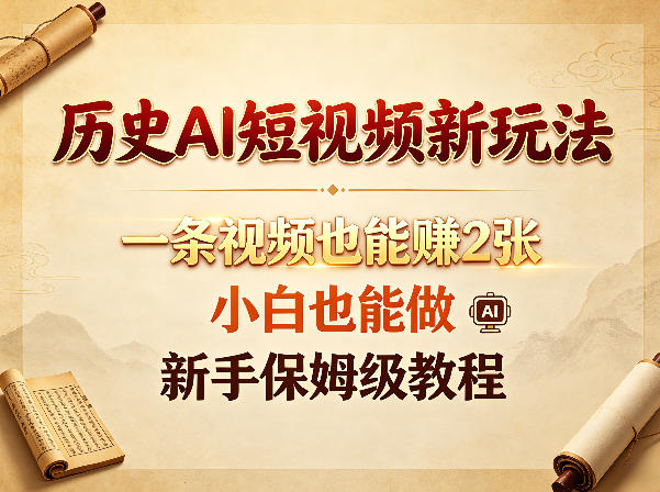 历史AI短视频新玩法，一条视频也能賺2张，小白也能做，新手保姆级教程-快名资源网